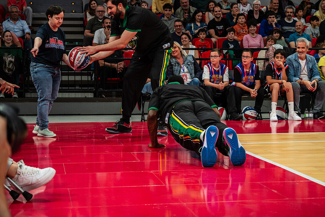 The Harlem Globetrotters perform at the Prince Felipe Pavilion in Zaragoza, Spain