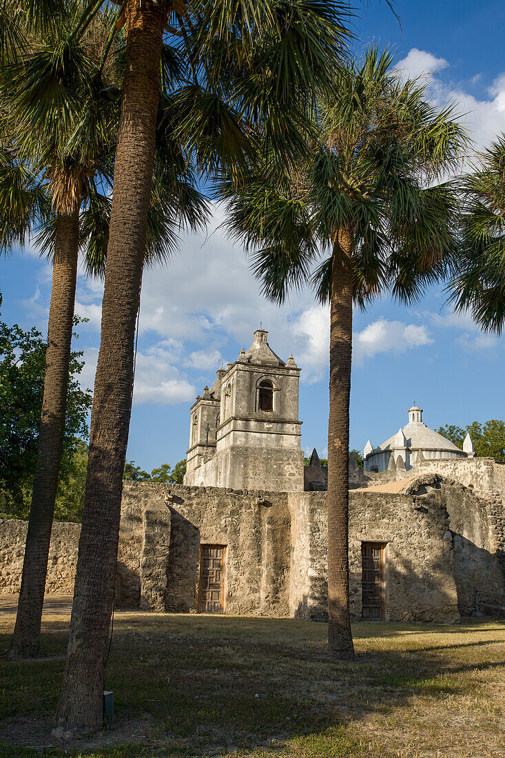 Palm trees and the Mission Concepcion in the San Antonio Missions National Historic Park, San Antonio, Texas. A UNESCO World Heritage Site.