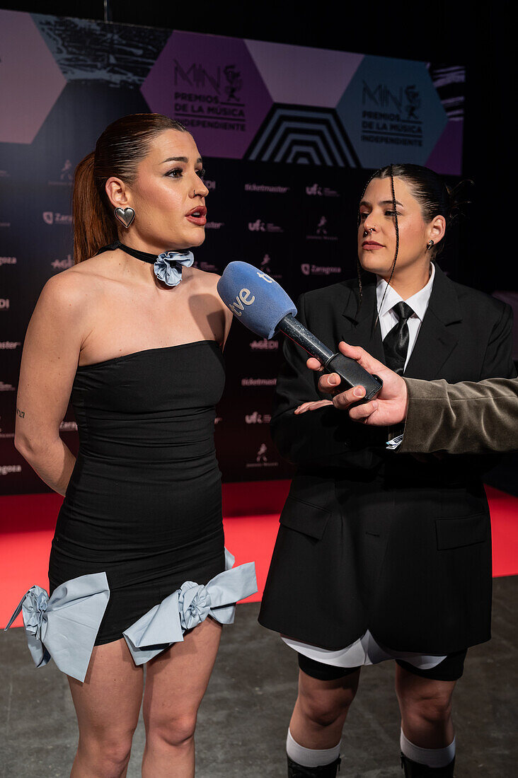 Tanxugueiras is a Galician folk trio formed in 2016 by Aida Tarrío and twin sisters Olaia and Sabela Maneiro, on the red carpet at MIN Independent Music Awards 2024, Zaragoza, Spain