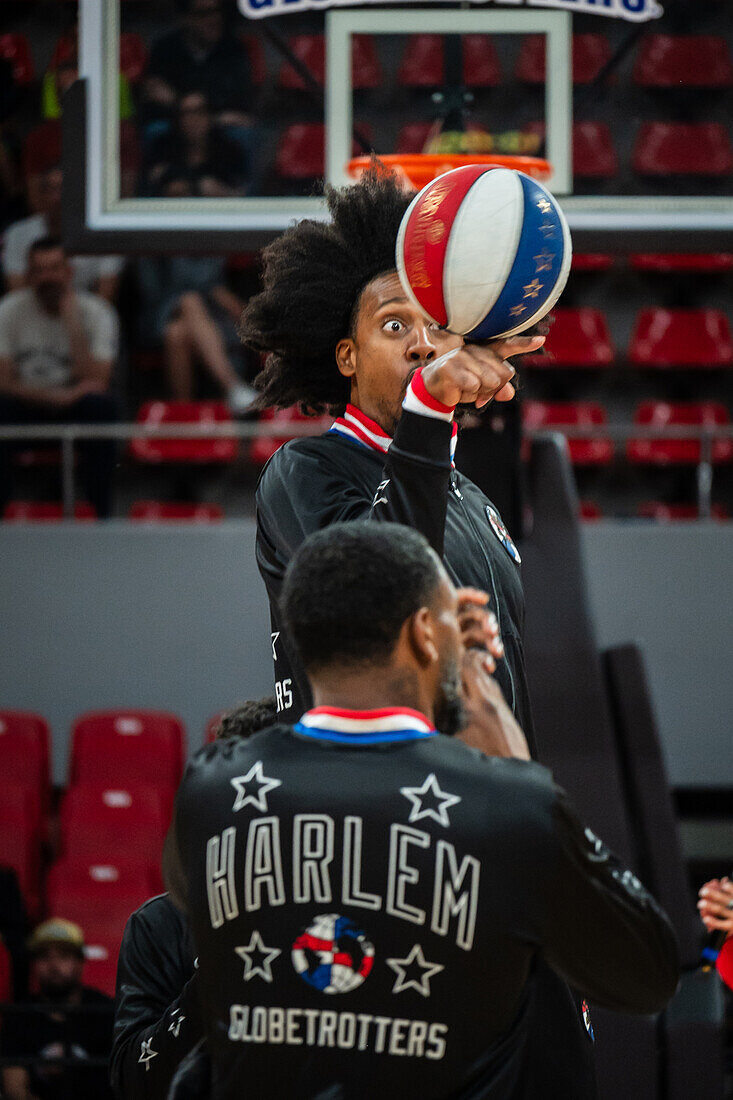 The Harlem Globetrotters perform at the Prince Felipe Pavilion in Zaragoza, Spain