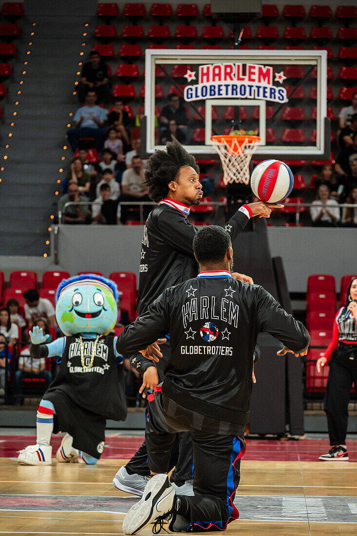 The Harlem Globetrotters perform at the Prince Felipe Pavilion in Zaragoza, Spain