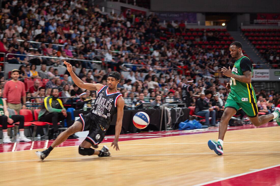 The Harlem Globetrotters perform at the Prince Felipe Pavilion in Zaragoza, Spain