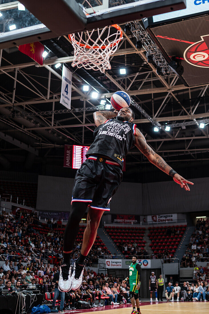 The Harlem Globetrotters perform at the Prince Felipe Pavilion in Zaragoza, Spain