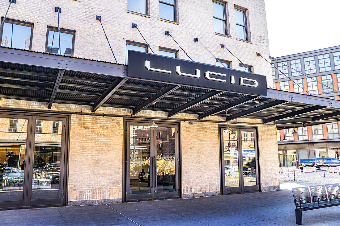 Lucid electric vehicle  showroom, exterior view, Meatpacking District, New York City, New York, USA