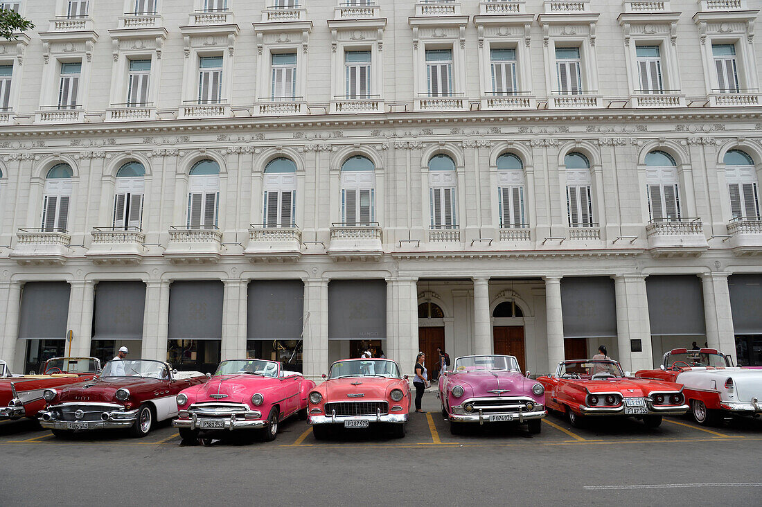 Cuba,La Havana,Paseo de Marti,old 1950s brightly colored convertible American cars are parked while waiting for tourists