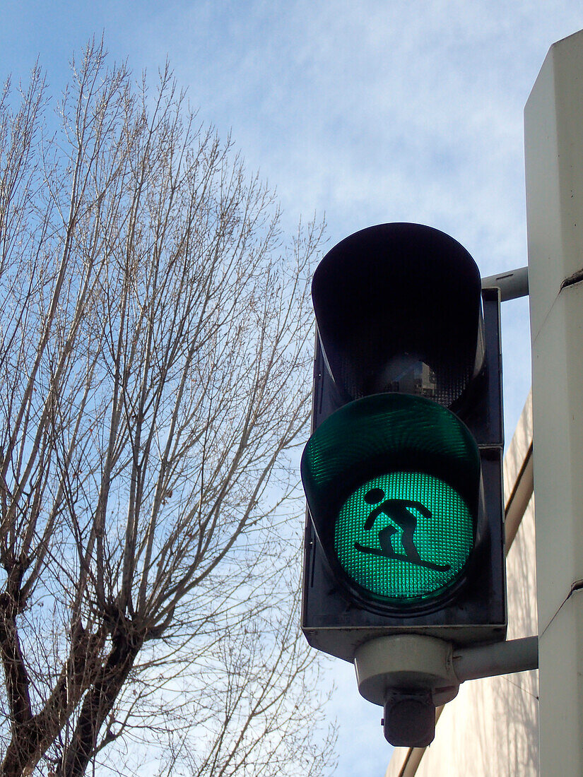 Austria,Tyrol,Innsbruck, funny green traffic light with the image of a character snowboarding