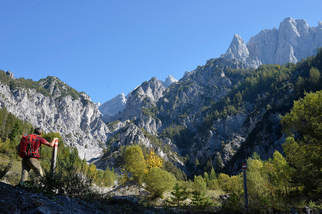 Austria,Styria,ENNSTAL Alps,Geseause national park,lynx trail ,a man dressed in red carrying a backpack is standing at the bottom of the Hochtor limestone mountain range towards the Haindlkarhutte mountain hut