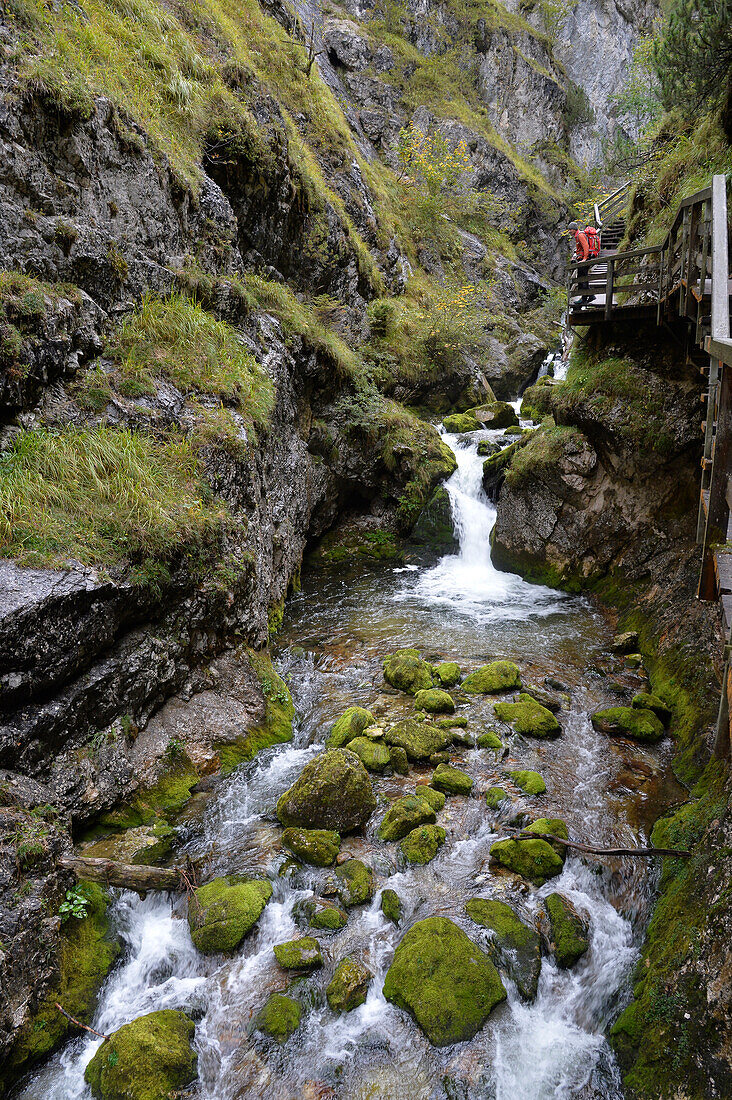 Austria,Styria,ENNSTAL Alps, a man stands on a wooden bridge in the Wasserlochklamm  gorge