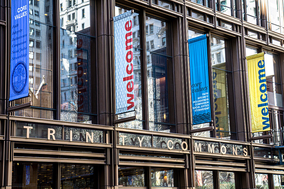 Trinity Commons, exterior view with Welcome banners, Trinity Place, New York City, New York, USA