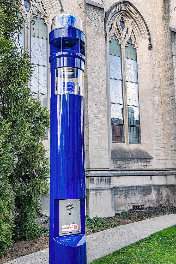Blue emergency call station, Yale University, New Haven, Connecticut, USA