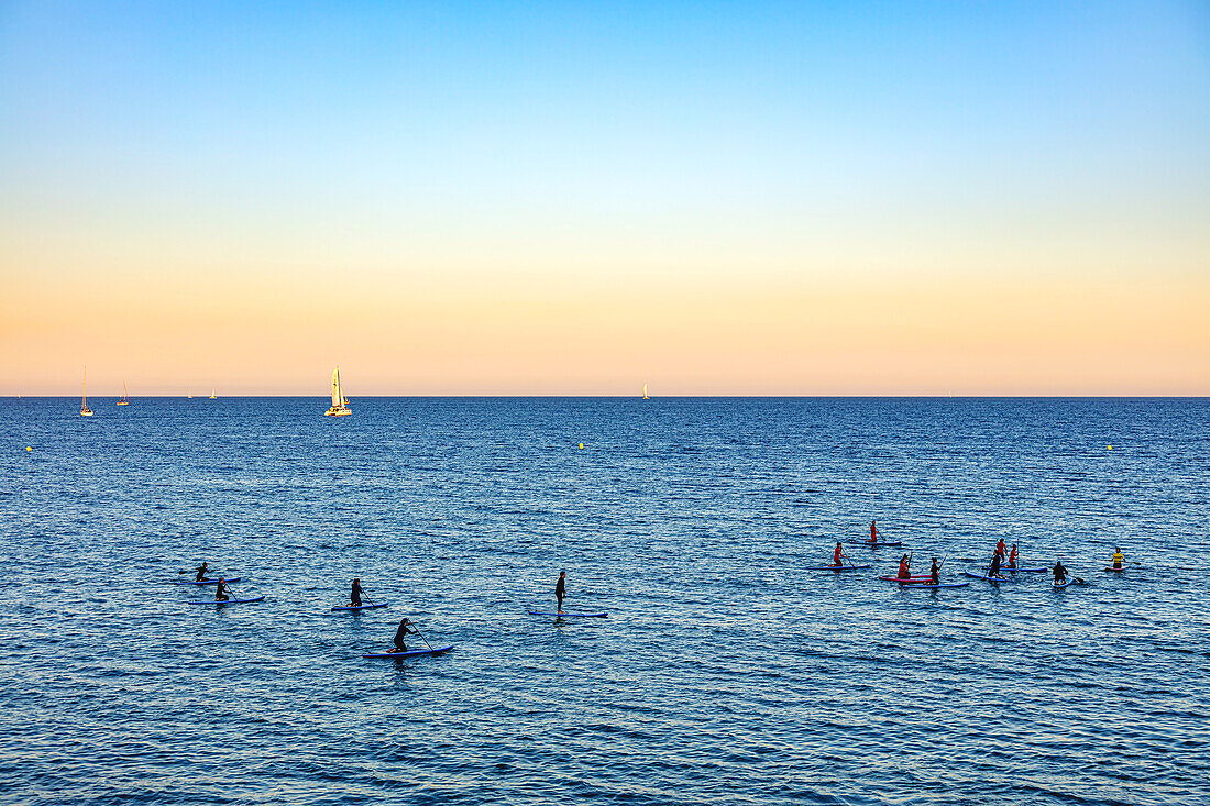 Barcelona,Spain - May 31 - 2019: Group of people practicing paddle