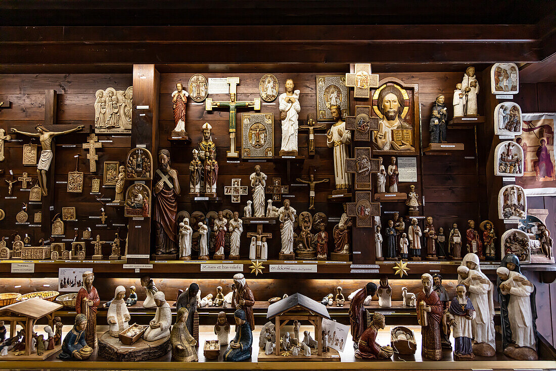 LOURDES - JUNE 15,2019: Religious icons of a store in the city of Lourdes,France