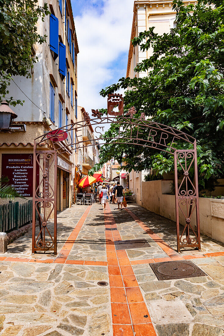 Banyuls-sur-Mer - July 21,2019: Saint Pierre shopping street,Banyuls-sur-Mer,Pyrenees-Orientales,Catalonia,Languedoc-Roussillon,France