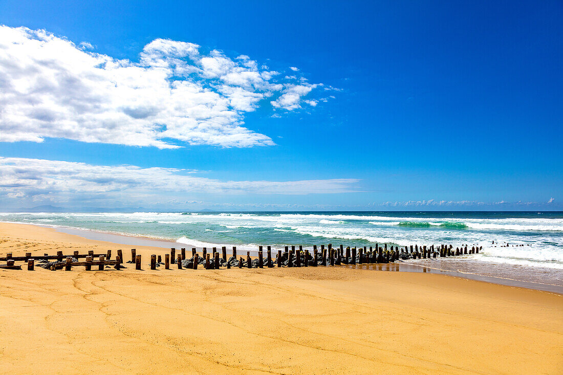 Blick auf Holzpfeiler und Steine am Strand von Seignosse,Landes,Frankreich