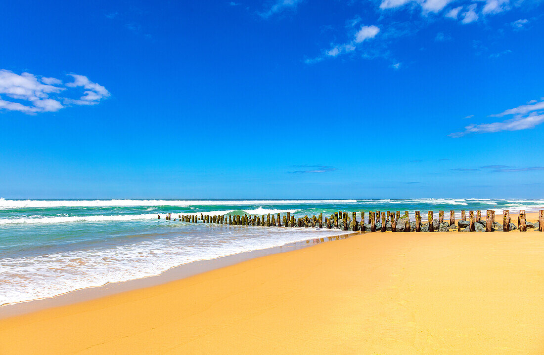 Blick auf Holzpfeiler und Steine am Strand von Seignosse,Landes,Frankreich