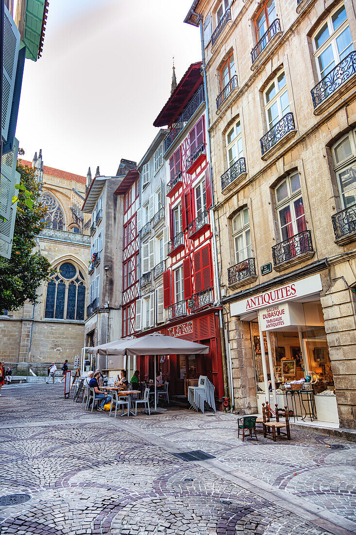 Bayonne,France - 06 September 2019 - View of restaurants on a shopping street in the city of Bayonne.