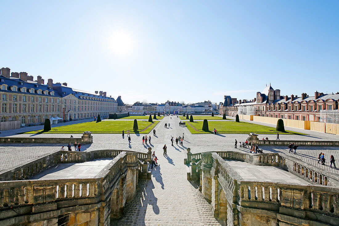 Seine et Marne. Fontainebleau. Fontainebleau castle. View from the grand staircase.