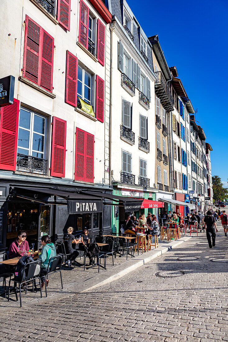 Bayonne,France - September 06,2019 - View of restaurants on the side on the Nive of the city of Bayonne.