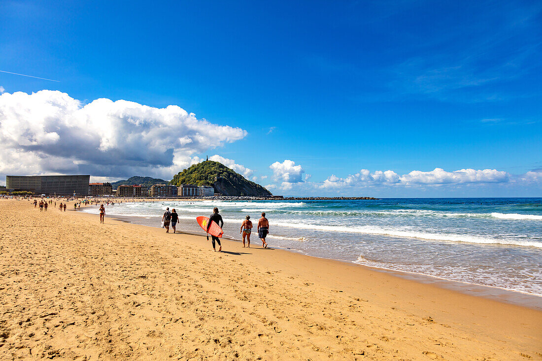 San Sebastian,Spain - September 07,2019 - Beach view,surfers and tourists