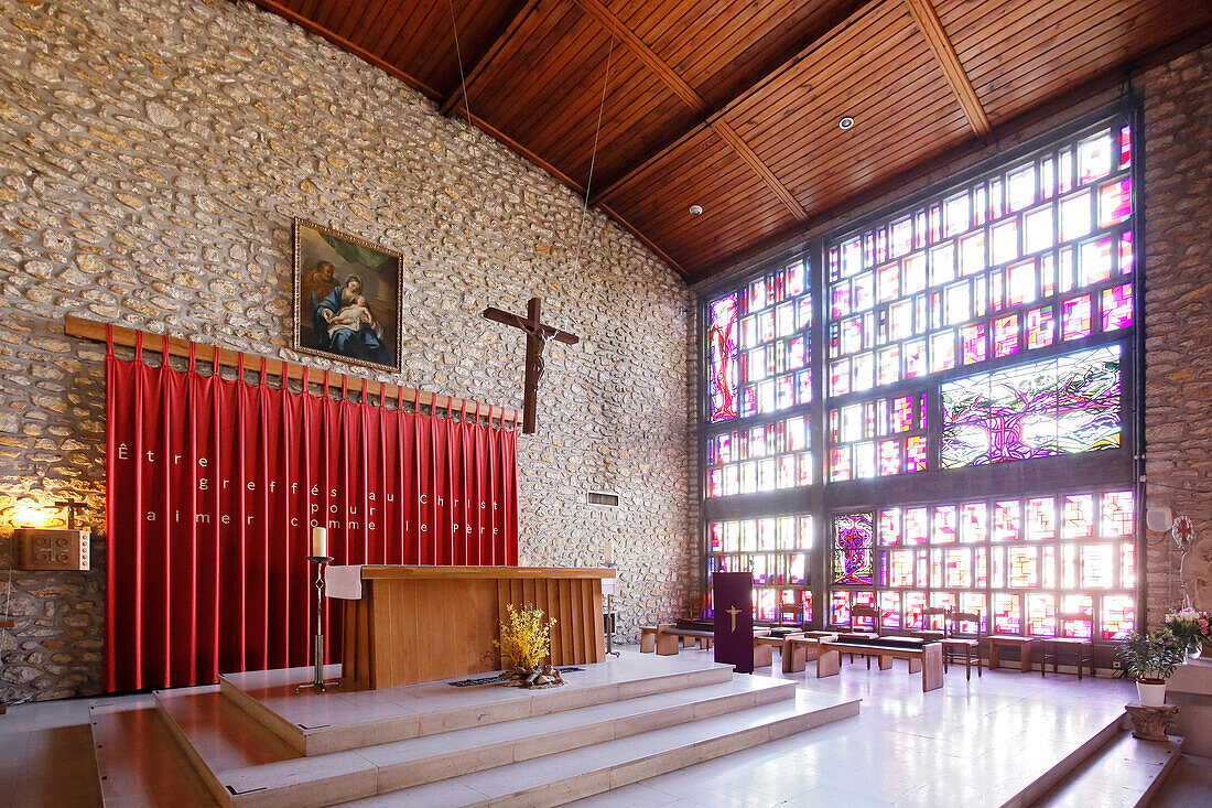 France. Seine et Marne. Tournan en Brie,medieval town center. View of the surprising Saint Denis church. The altar.