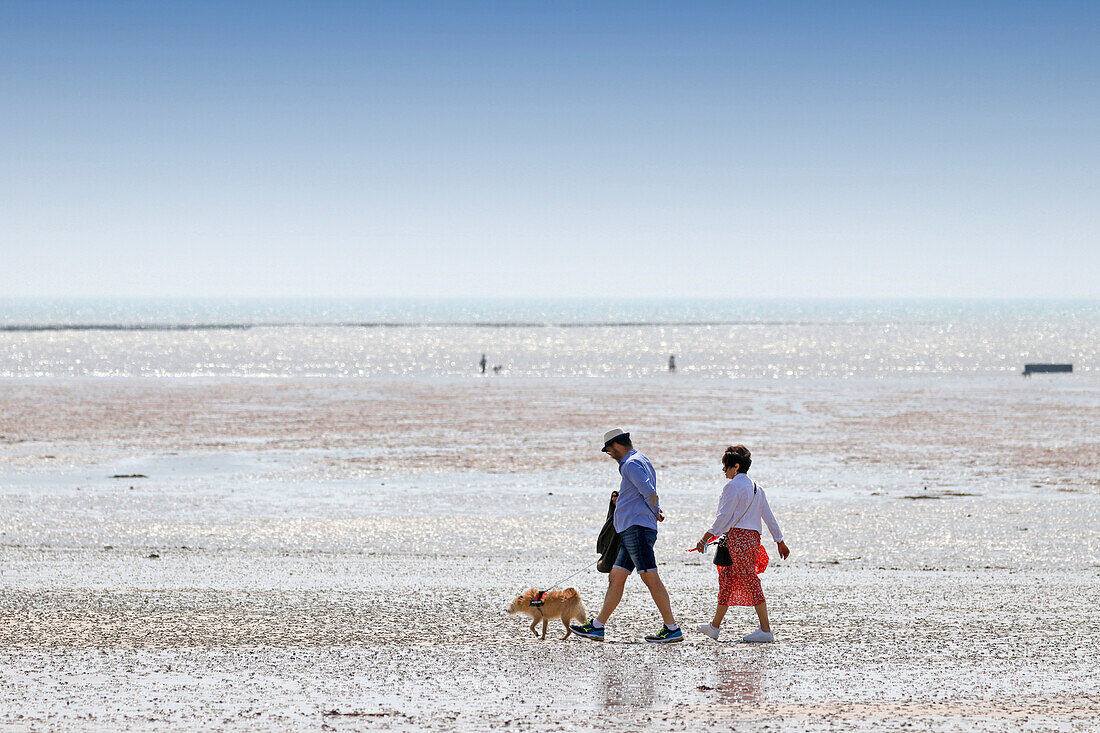 Frankreich. La Manche. Hauteville sur Mer bei Ebbe. Frühjahrsschulferien. Touristen, die am Strand spazieren gehen.