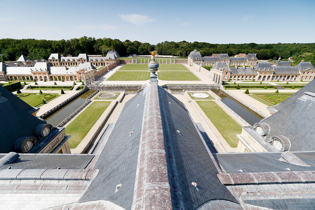 France. Seine et Marne. Castle of Vaux le Vicomte. View of the gardens and the roof from the dome.