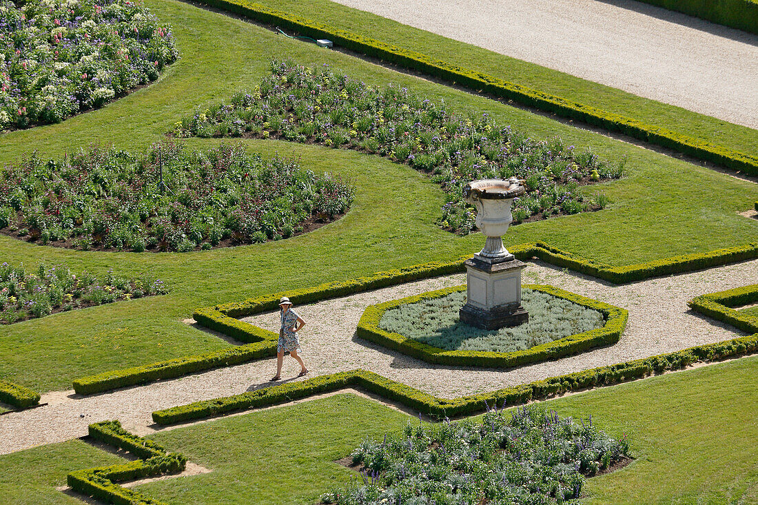 France. Seine et Marne. Castle of Vaux le Vicomte. View of the gardens from the dome. Tourist walking.