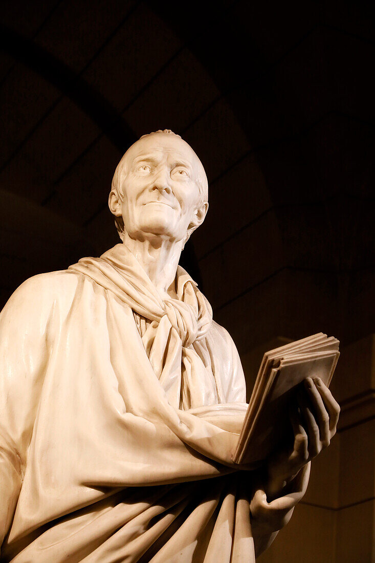 France. Paris. 5th district. The Pantheon. The crypt. Tomb and sculpture of Voltaire.