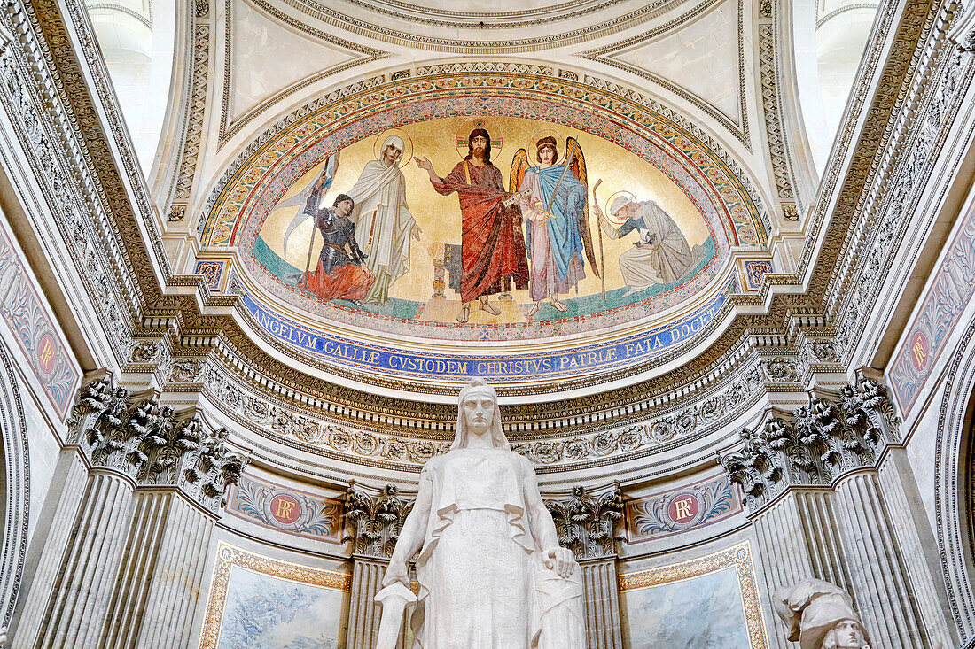 France. Paris. 5th district. The Pantheon. Sculpture The National Convention,by Francois Leon Sicard. Above Painting Christ showing to the angel of France the destinies of his people,by Antoine Auguste Ernest Hebert.