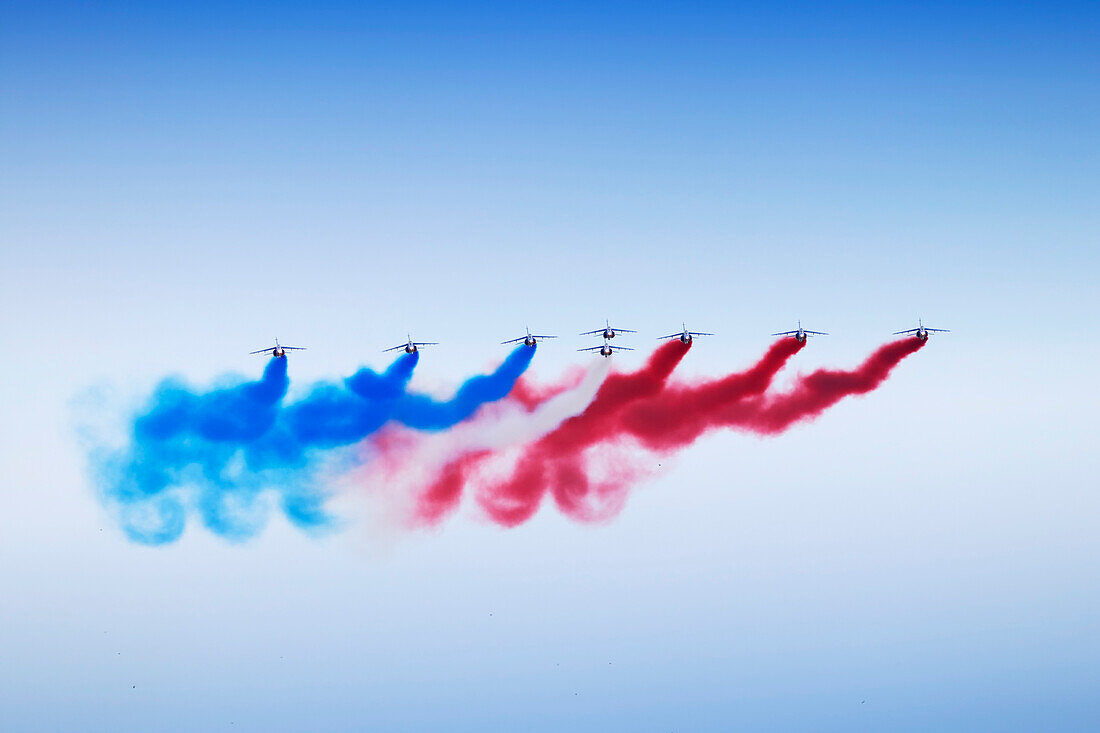 France. Seine et Marne. Melun. Air show 2021. Aerial acrobatics demonstration by the Patrouille de France.