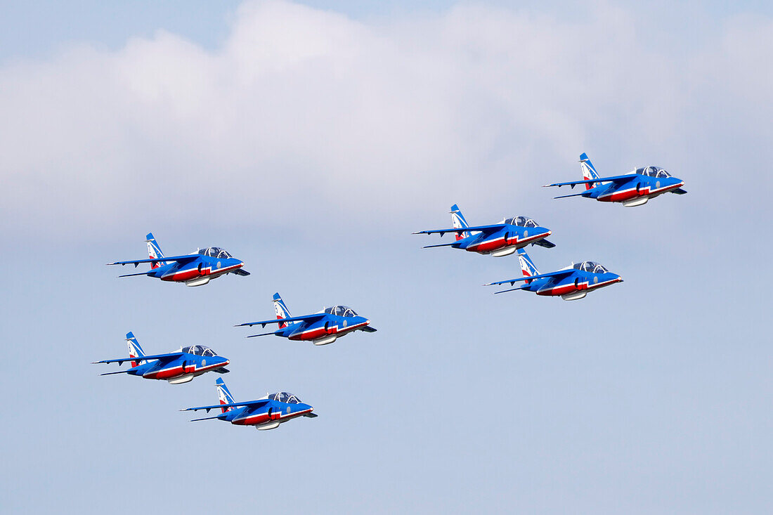 France. Seine et Marne. Melun. Air show 2021. Aerial acrobatics demonstration by the Patrouille de France.