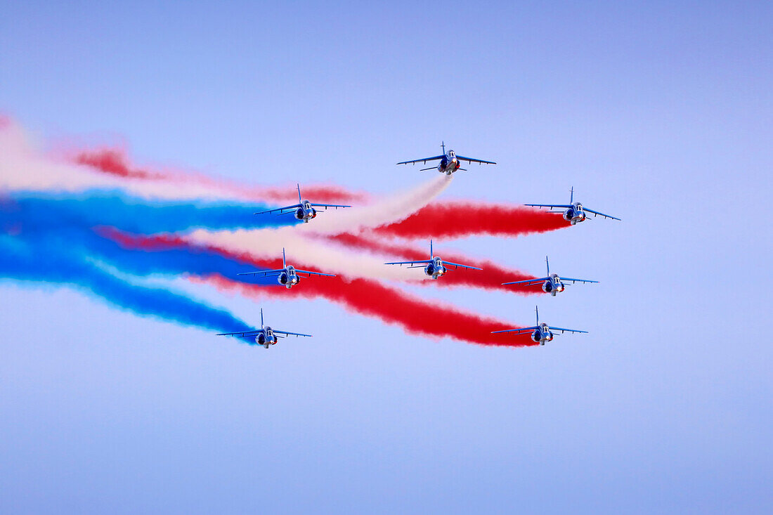 France. Seine et Marne. Melun. Air show 2021. Aerial acrobatics demonstration by the Patrouille de France.