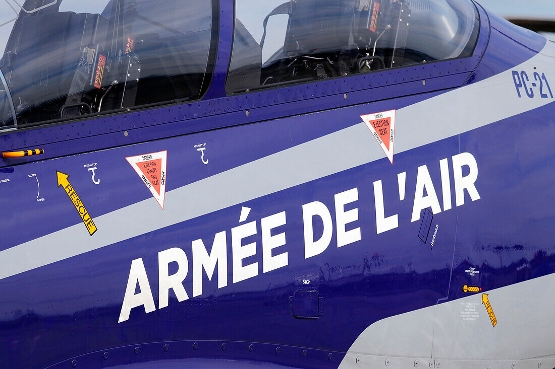 France. Seine et Marne. Melun. Airshow 2021. Air Force. Close-up of an Air Force Pilatus PC-21 trainer.