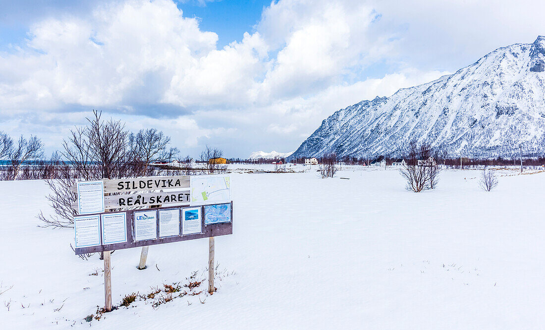 Norway,city of Tromso,Ilsand of Senja,Ballesvika fjord,Sildevika beach under the snow