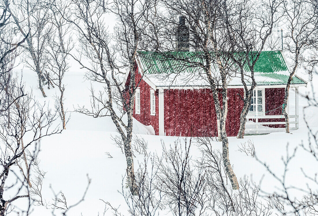 Norway,city of Tromso,red isolated house in the snow