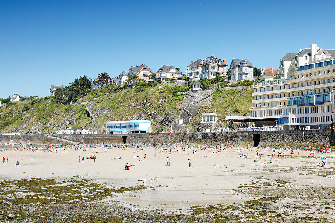 France. Normandy. Department of Manche. Granville during the summer. View from the coast and part of the beach. Le Normandy rehabilitation center.