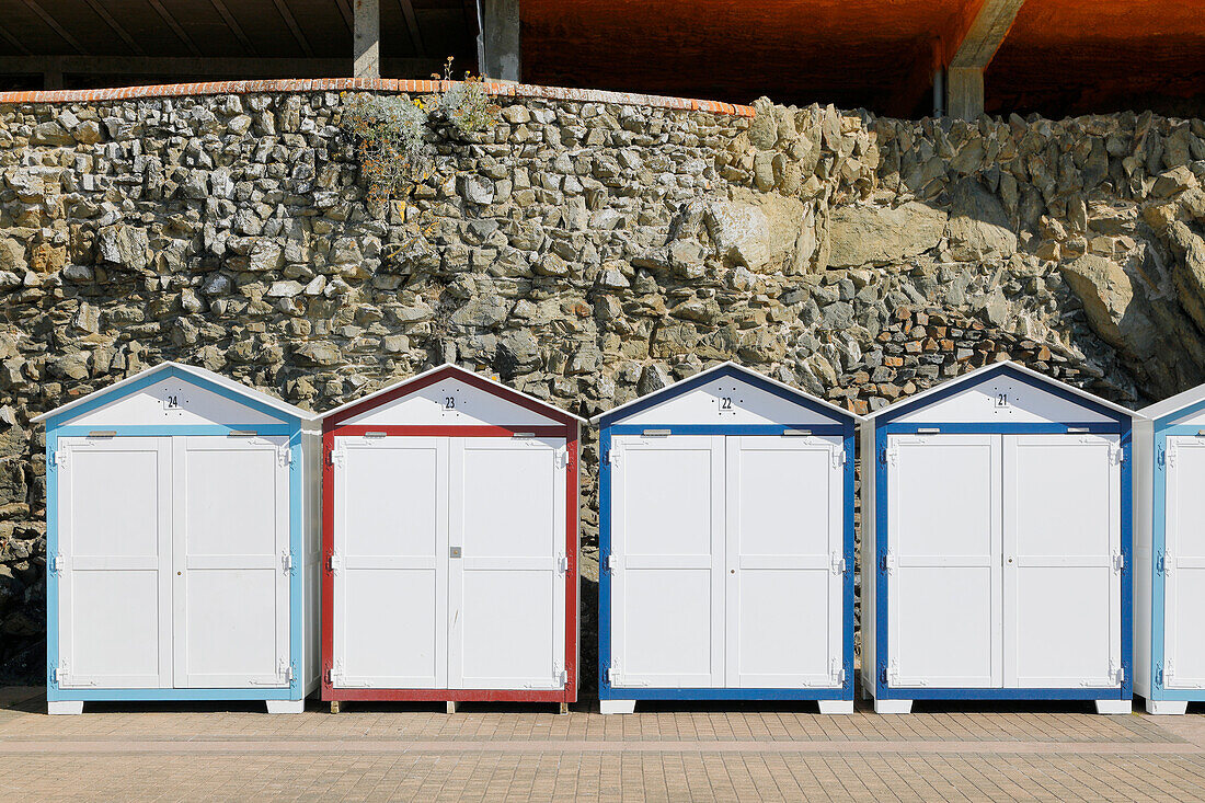 France. Normandy. Department of Manche. Granville during the summer. The dam. The bath cabins.