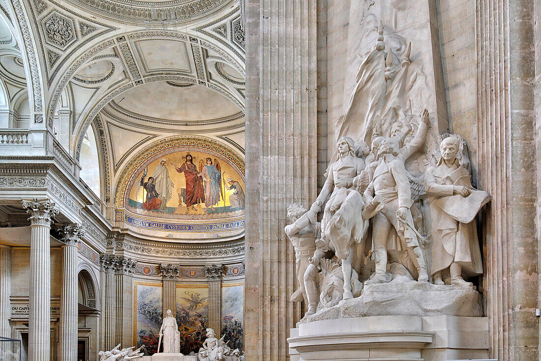 France. Paris. 5th district. The Pantheon.Sculpture To the glory of the generals of the Revolution,by Paul Jean Baptiste Gasq. In the background painting Christ showing to the angel of France the destinies of his people,by Antoine Auguste Ernest He