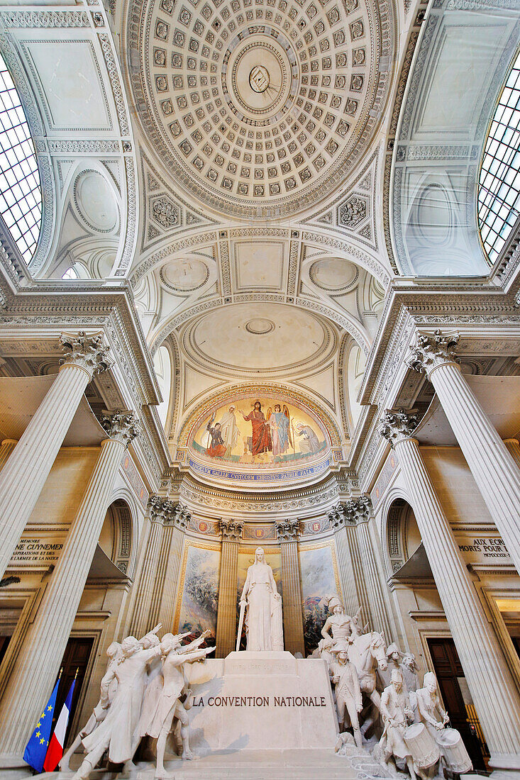 France. Paris. 5th district. The pantheon. Sculpture The National Convention,by Francois Leon Sicard. Painting Christ showing to the angel of France the destinies of his people,by Antoine Auguste Ernest Hebert,above.