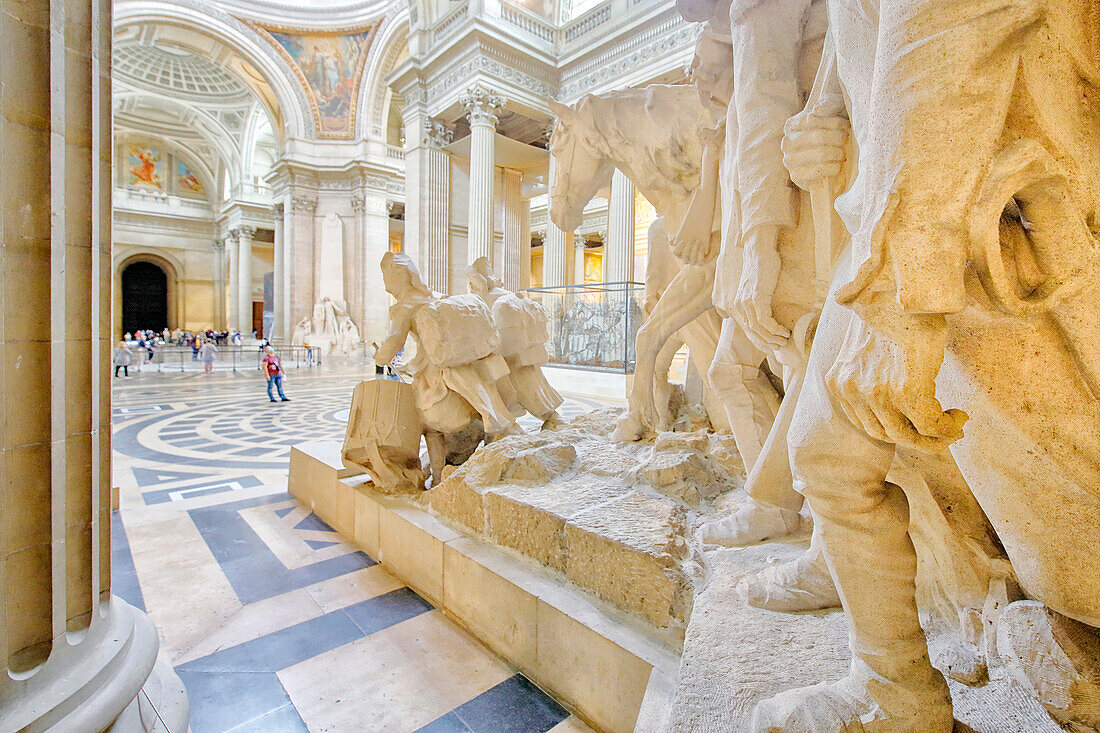 France. Paris. 5th district. The Pantheon. Sculpture The National Convention,by Francois Leon Sicard. Tourists in the background.