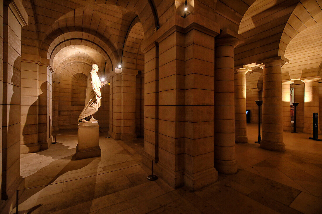 France. Paris. 5th district. The Pantheon. The crypt. Tomb and sculpture of Voltaire. Covid-19 period,with no tourists.