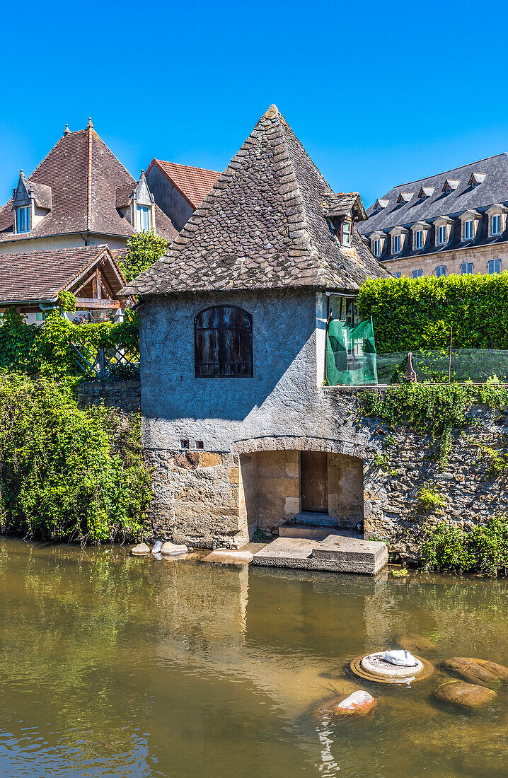 France,Quercy,Lot,Saint Cere,house with mooring ponton on the bank of the Bave river