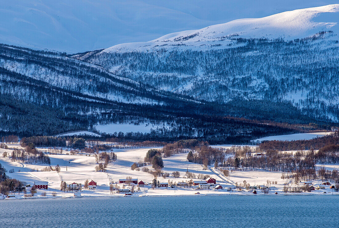 Norway,city of Tromso,fjord with snow