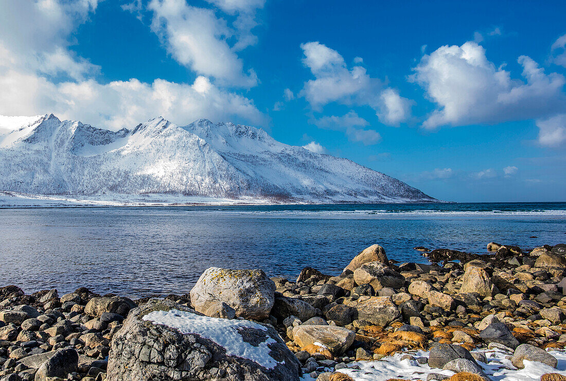 Norway,city of Tromso,Island of Senja,Ballesvika fjord with snow