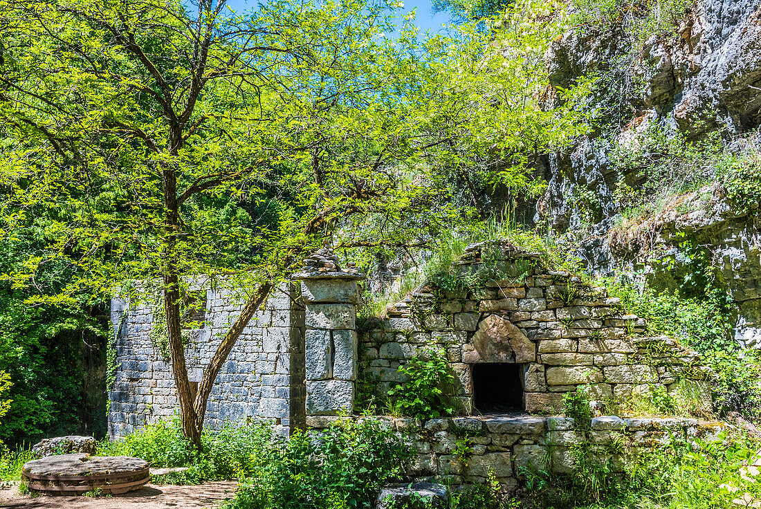 France,Causses du Quercy natural regional Park,Lot,Natural sensitive space of the Lot,Alzou valley,ruins of the moulin du Saut and bread oven (Saint James way)