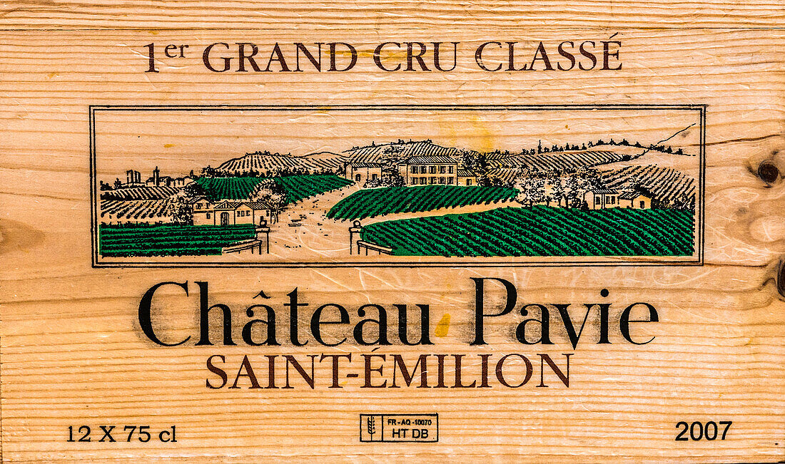 France,Gironde,Saint Emilion (UNESCO World Heritage Site),print of a case of wine from "Château Pavie" (1er grand cru classe of the St Emilion AOC)