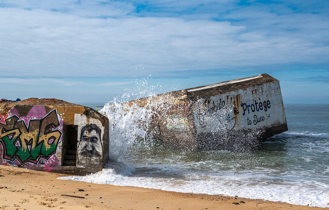 France,Landes,La Piste beach in Capbreton,blockhouse tagged. 2nd World War