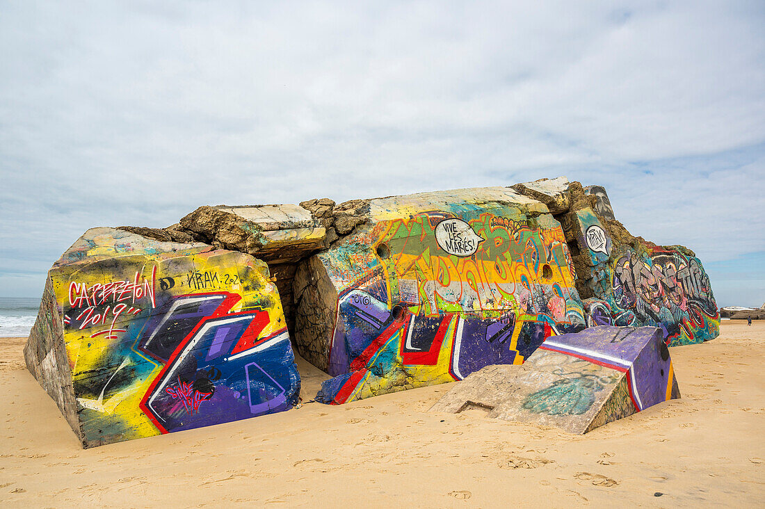 France,Landes,La Piste beach in Capbreton,blockhouse tagged. 2nd World War