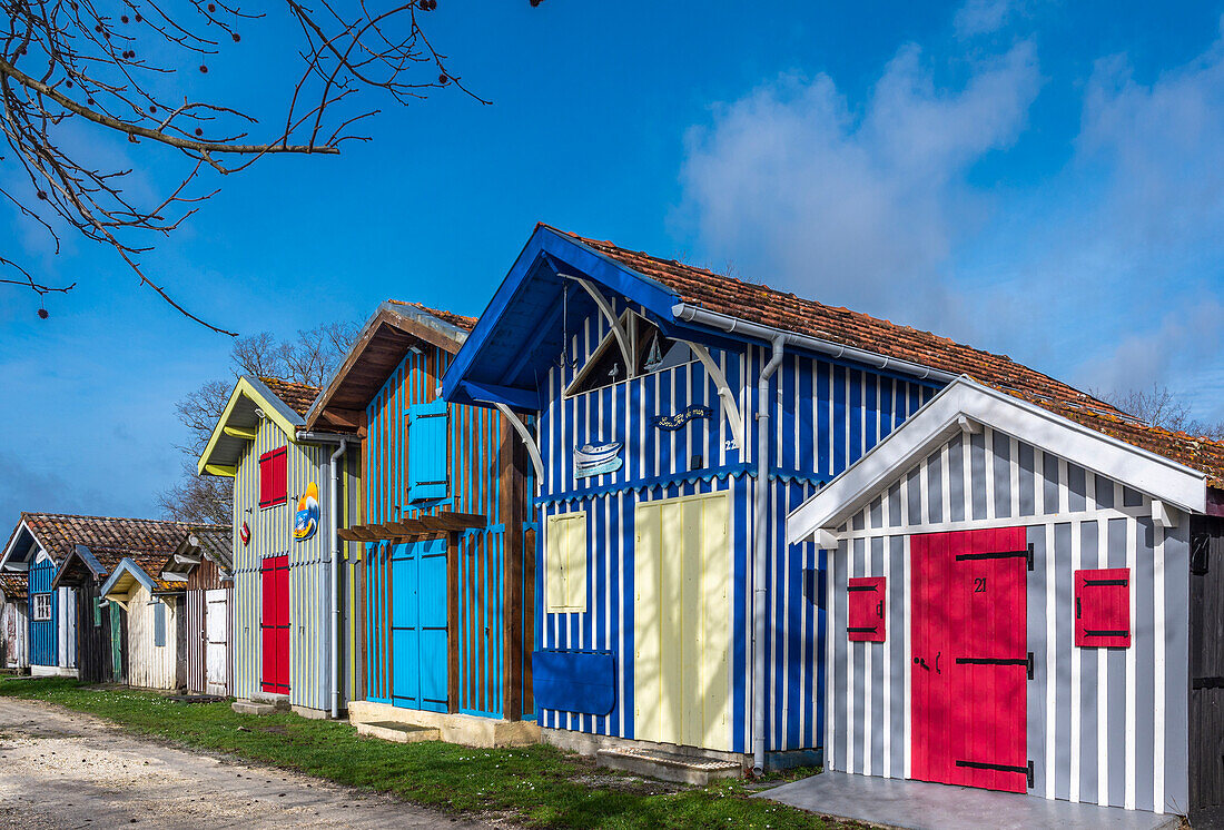 France,Gironde,Arcachon Bay (Bassin Arcachon),colorful huts of the port of Biganos