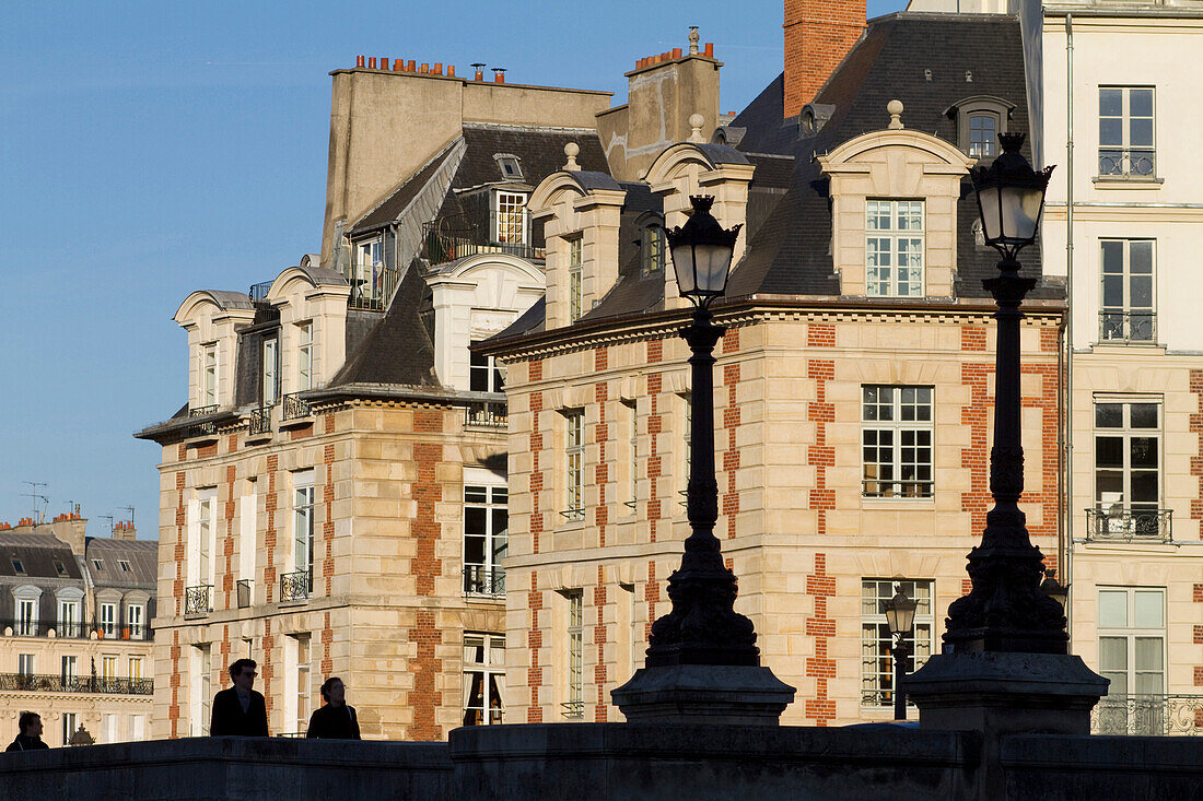 France,Paris,75,1st arrondissement,details of the Pont-Neuf with the buildings of l'Ile de la Cite in the background